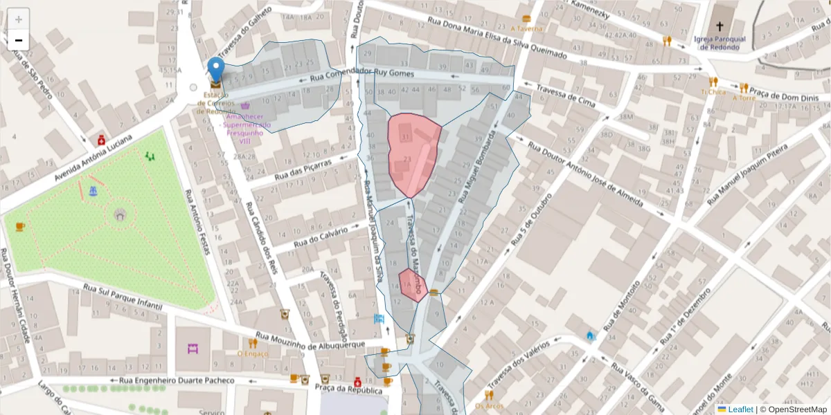 Mapa detalhado do código postal 7170-049 com limites, códigos postais vizinhos e agências dos correios