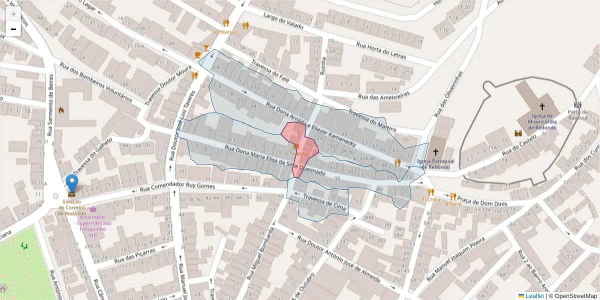 Mapa detalhado do código postal 7170-052 com limites, códigos postais vizinhos e agências dos correios