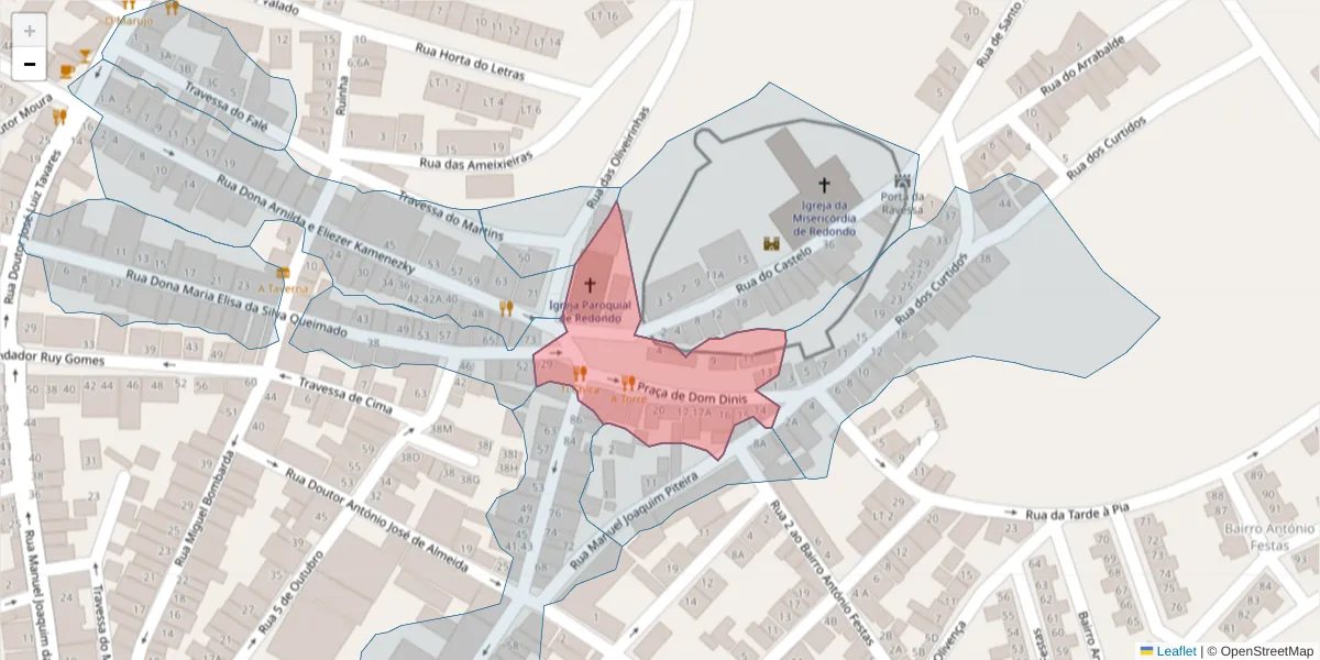 Mapa detalhado do código postal 7170-054 com limites, códigos postais vizinhos e agências dos correios