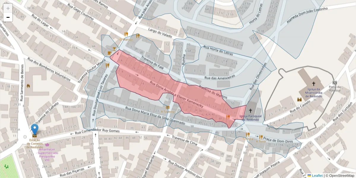 Mapa detalhado do código postal 7170-062 com limites, códigos postais vizinhos e agências dos correios