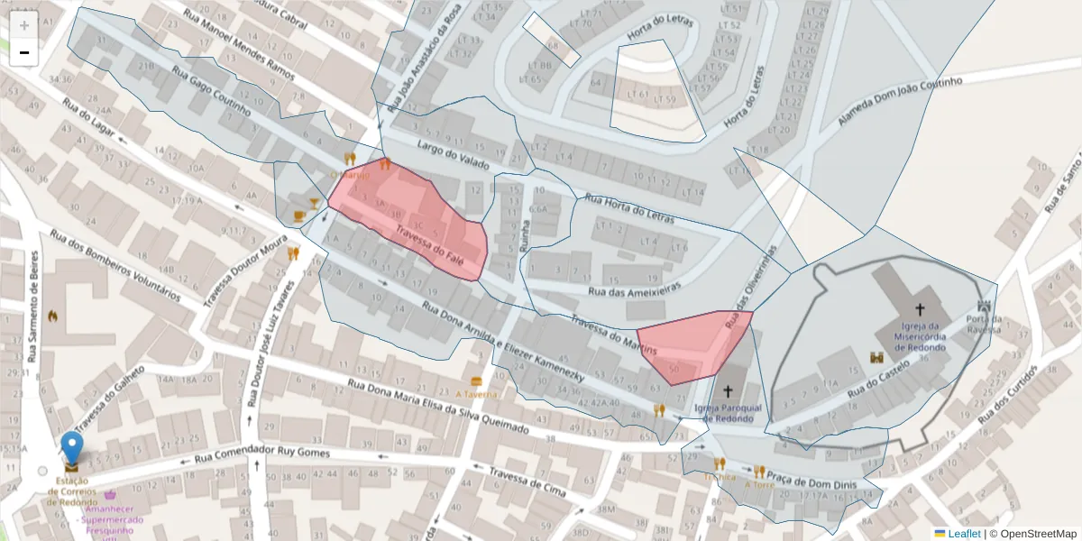 Mapa detalhado do código postal 7170-064 com limites, códigos postais vizinhos e agências dos correios