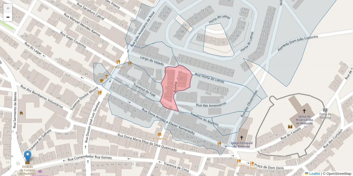 Mapa detalhado do código postal 7170-065 com limites, códigos postais vizinhos e agências dos correios
