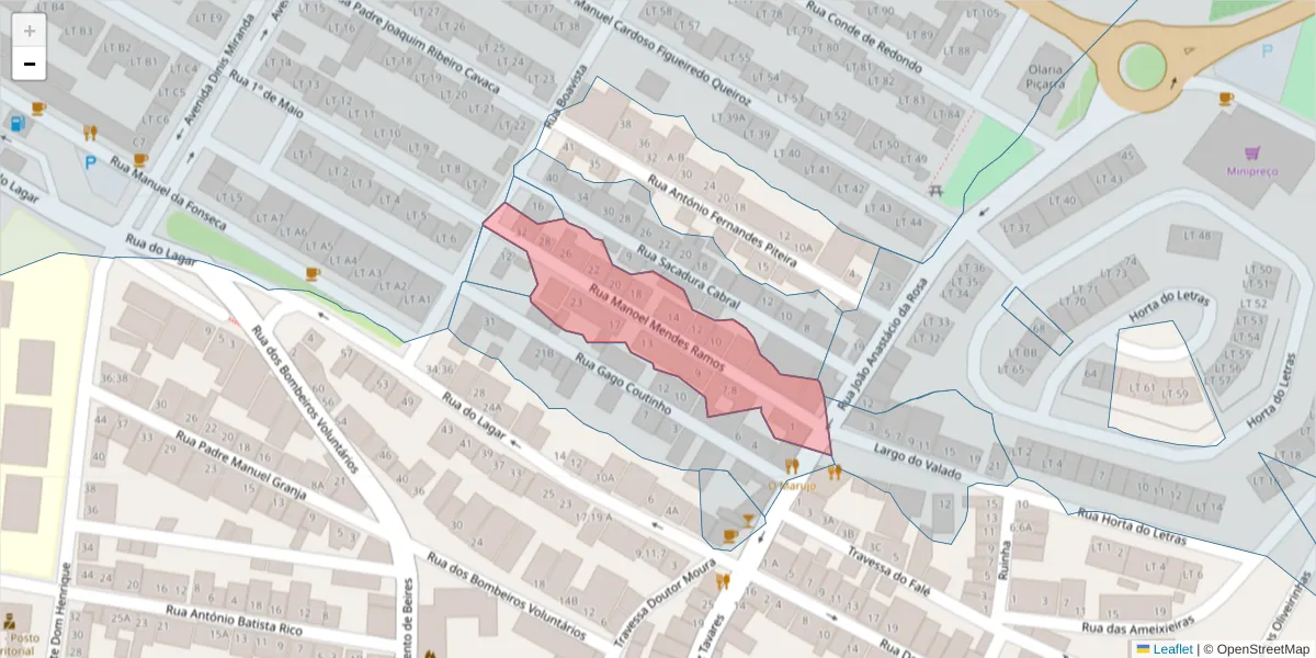 Mapa detalhado do código postal 7170-067 com limites, códigos postais vizinhos e agências dos correios