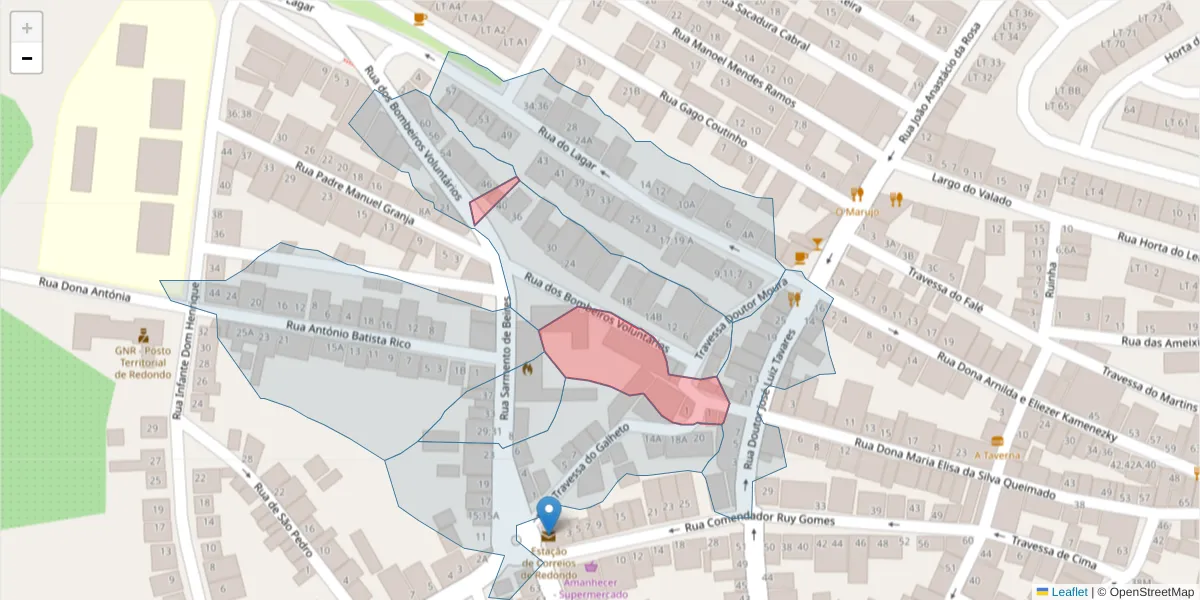 Mapa detalhado do código postal 7170-070 com limites, códigos postais vizinhos e agências dos correios
