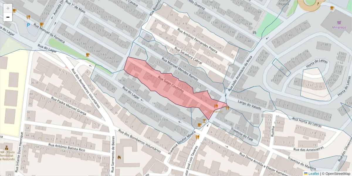 Mapa detalhado do código postal 7170-074 com limites, códigos postais vizinhos e agências dos correios