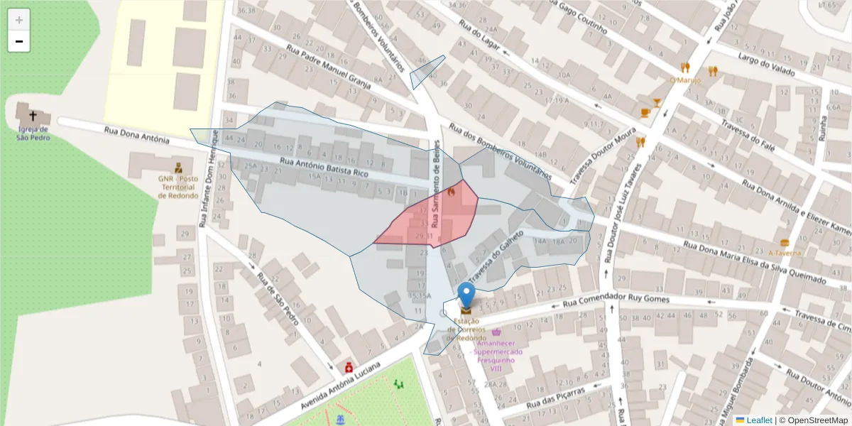 Mapa detalhado do código postal 7170-077 com limites, códigos postais vizinhos e agências dos correios