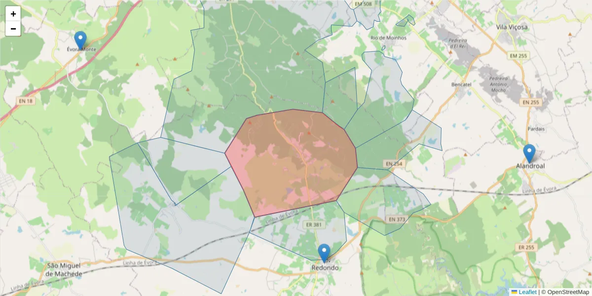Mapa detalhado do código postal 7170-120 com limites, códigos postais vizinhos e agências dos correios