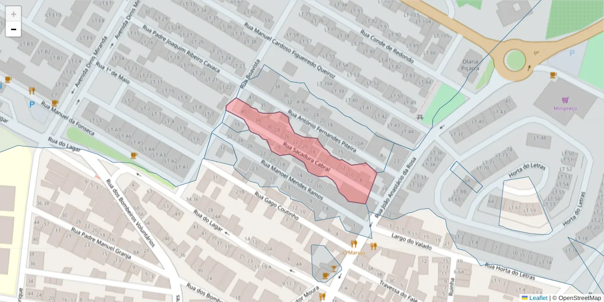 Mapa detalhado do código postal 7170-122 com limites, códigos postais vizinhos e agências dos correios