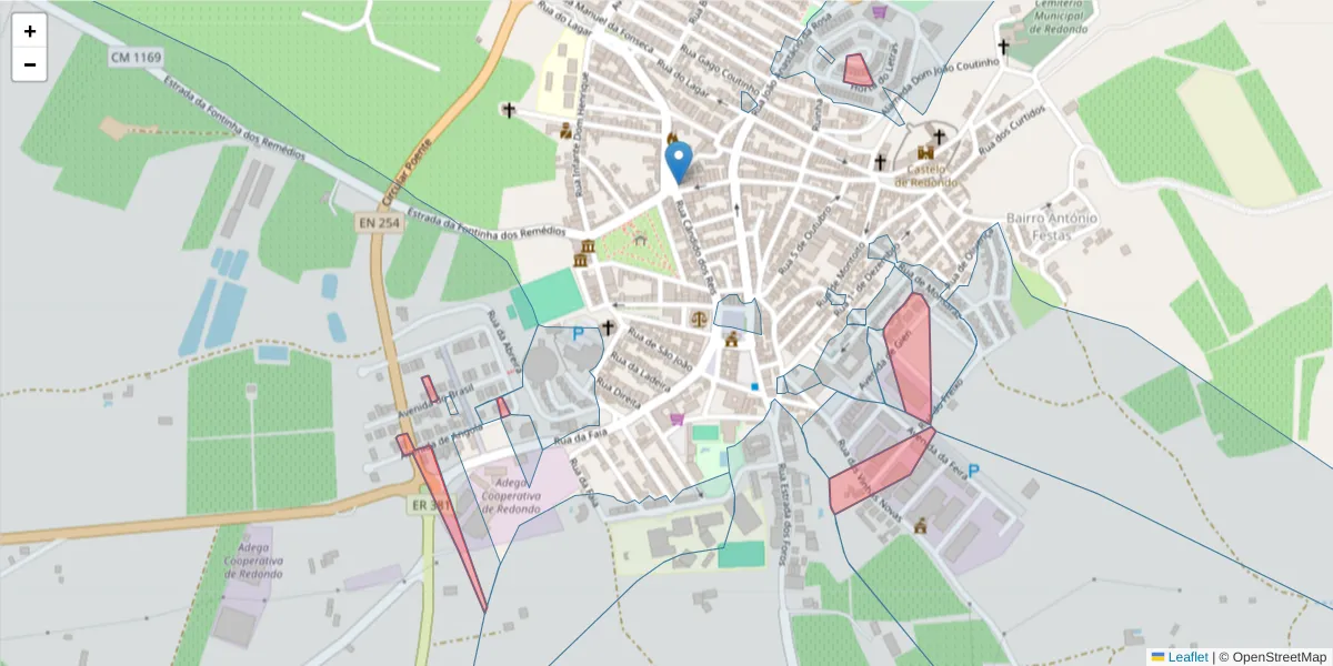 Mapa detalhado do código postal 7170-128 com limites, códigos postais vizinhos e agências dos correios