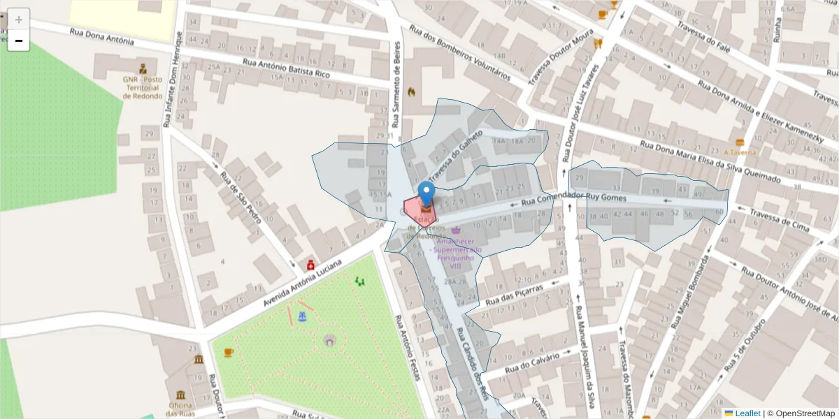 Mapa detalhado do código postal 7170-998 com limites, códigos postais vizinhos e agências dos correios