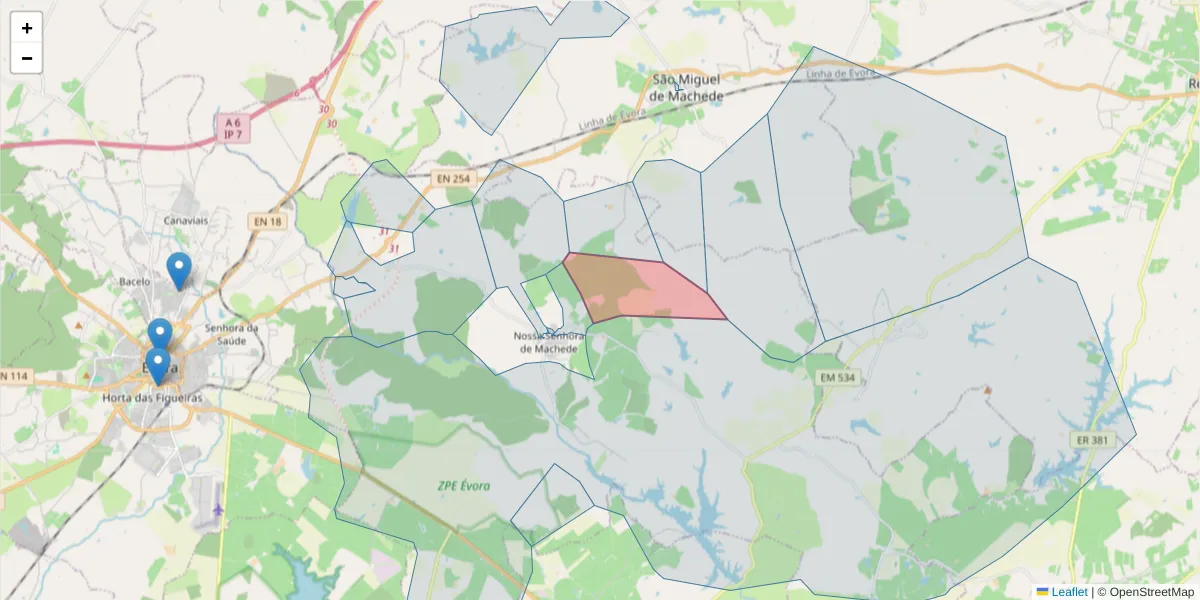 Mapa detalhado do código postal 7200-031 com limites, códigos postais vizinhos e agências dos correios