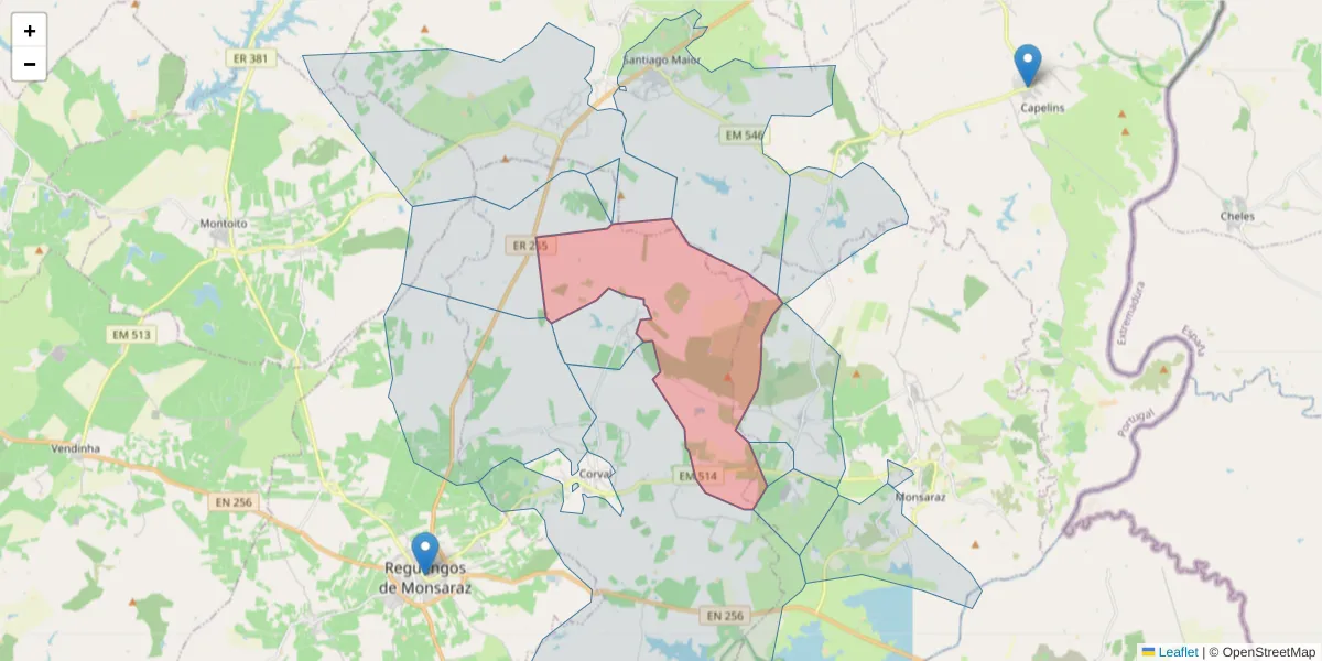 Mapa detalhado do código postal 7200-083 com limites, códigos postais vizinhos e agências dos correios