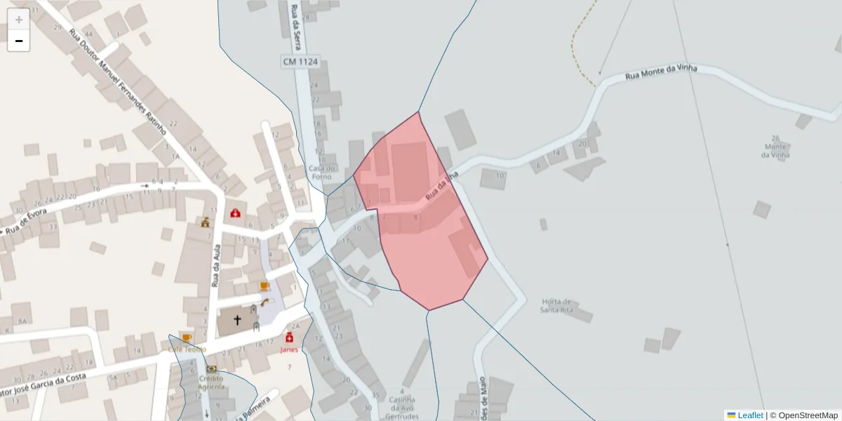 Mapa detalhado do código postal 7200-124 com limites, códigos postais vizinhos e agências dos correios
