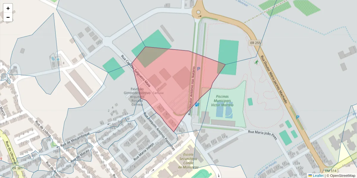 Mapa detalhado do código postal 7200-200 com limites, códigos postais vizinhos e agências dos correios