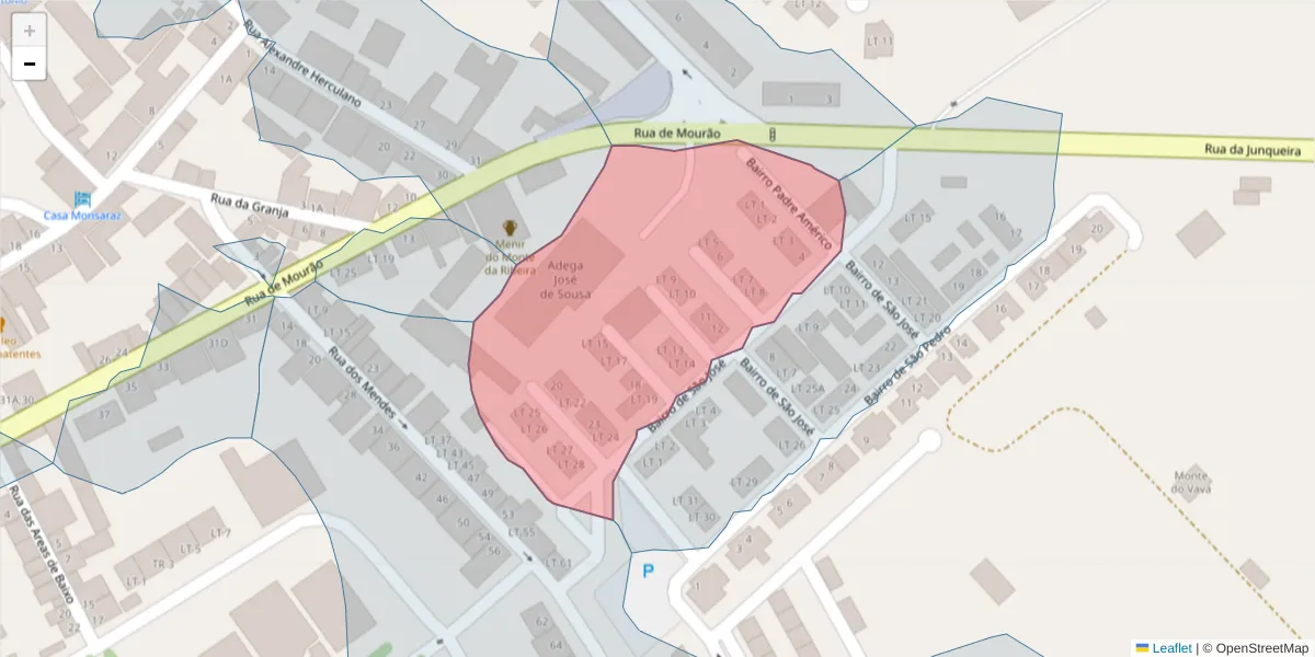 Mapa detalhado do código postal 7200-250 com limites, códigos postais vizinhos e agências dos correios
