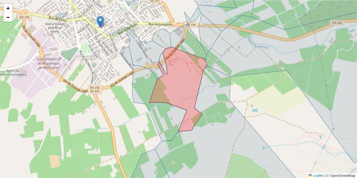 Mapa detalhado do código postal 7200-256 com limites, códigos postais vizinhos e agências dos correios