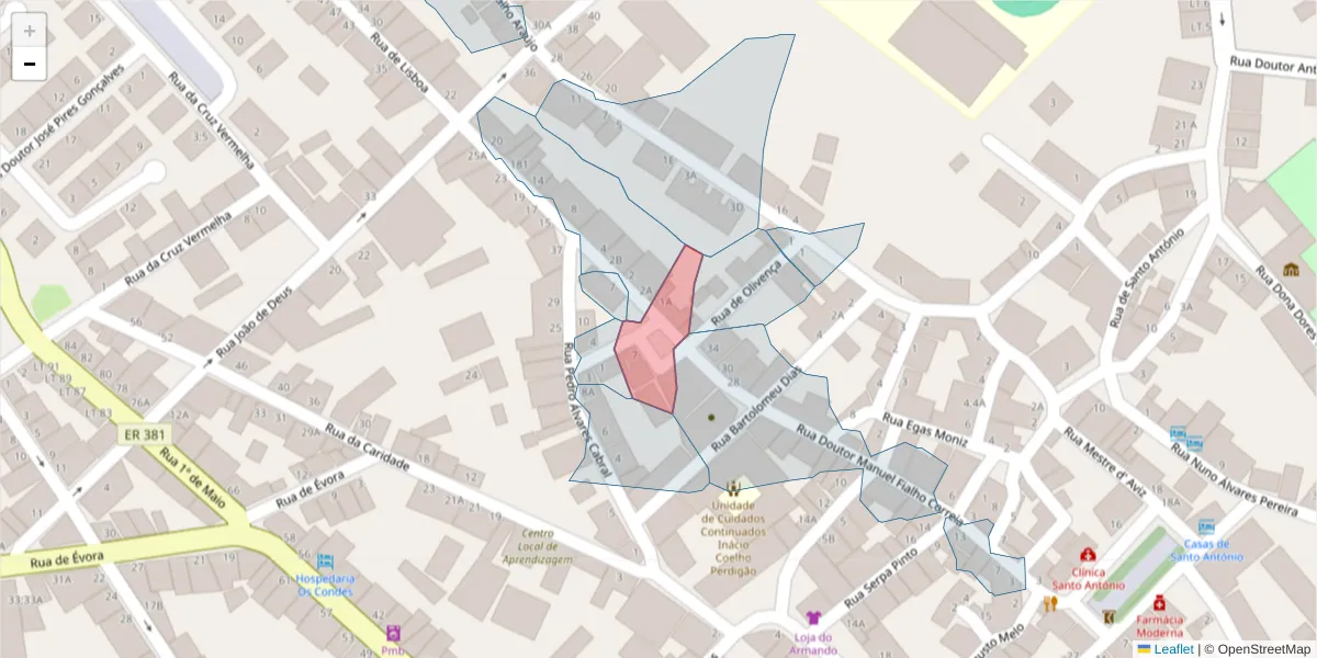 Mapa detalhado do código postal 7200-261 com limites, códigos postais vizinhos e agências dos correios