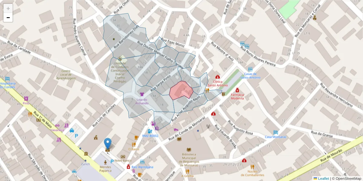 Mapa detalhado do código postal 7200-265 com limites, códigos postais vizinhos e agências dos correios