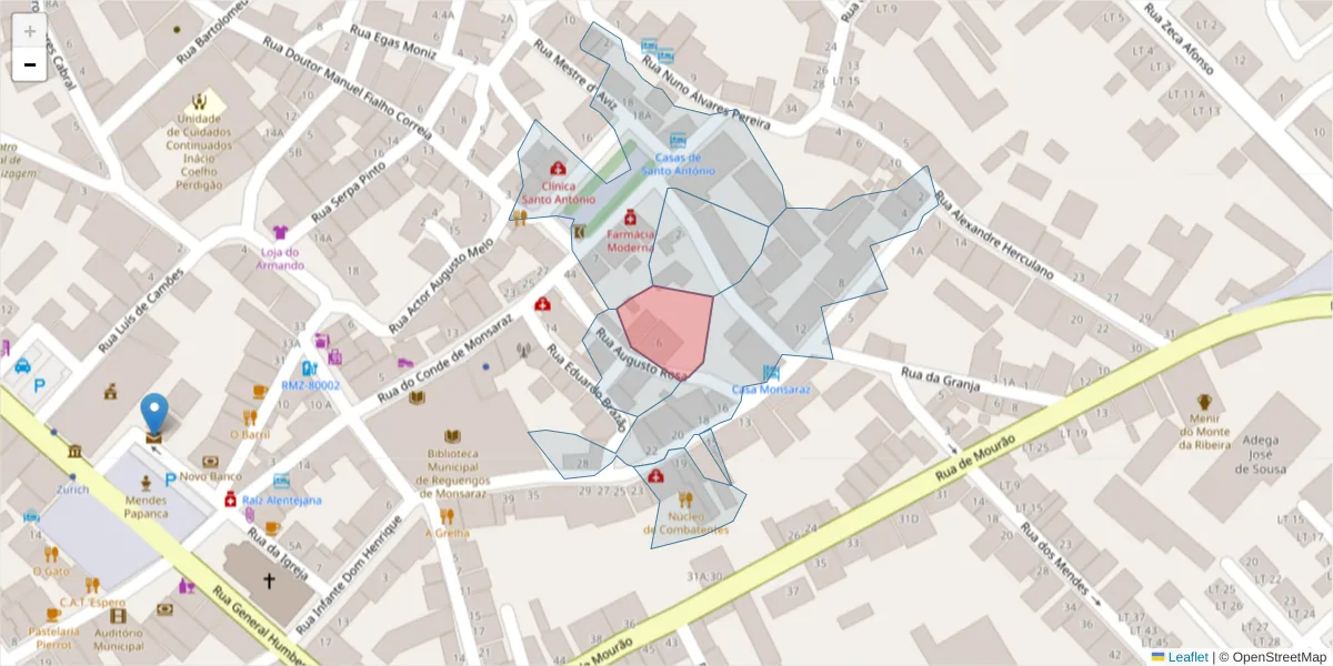 Mapa detalhado do código postal 7200-268 com limites, códigos postais vizinhos e agências dos correios