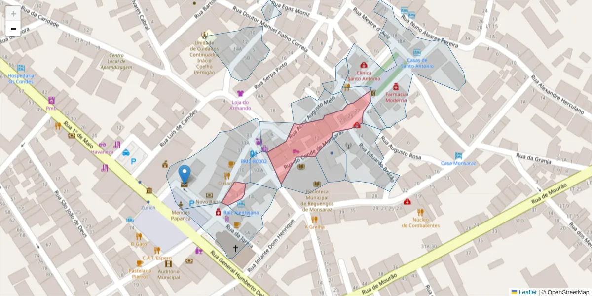 Mapa detalhado do código postal 7200-282 com limites, códigos postais vizinhos e agências dos correios