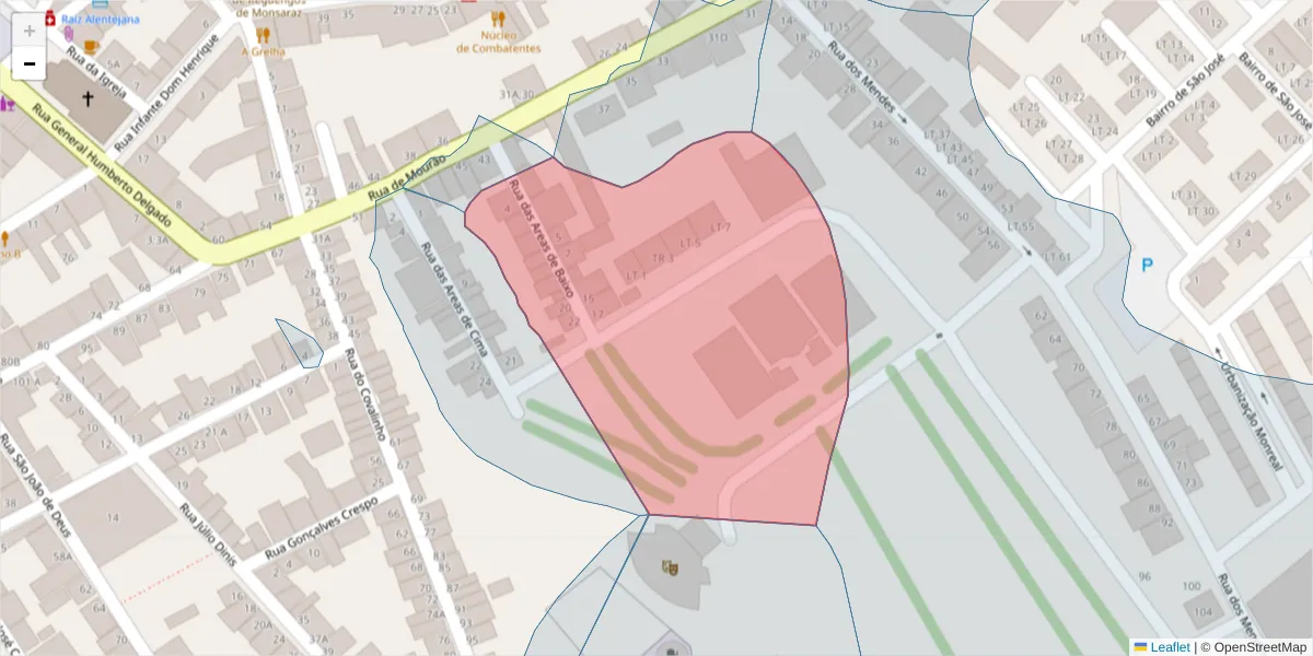 Mapa detalhado do código postal 7200-285 com limites, códigos postais vizinhos e agências dos correios