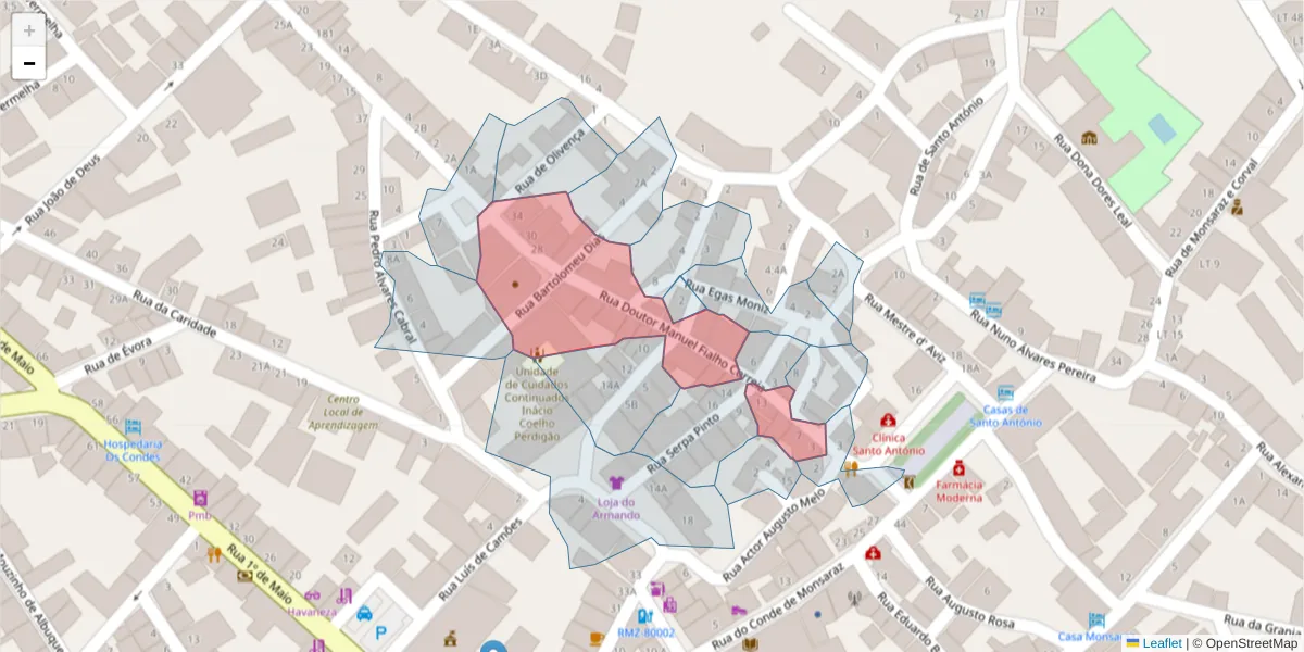 Mapa detalhado do código postal 7200-297 com limites, códigos postais vizinhos e agências dos correios