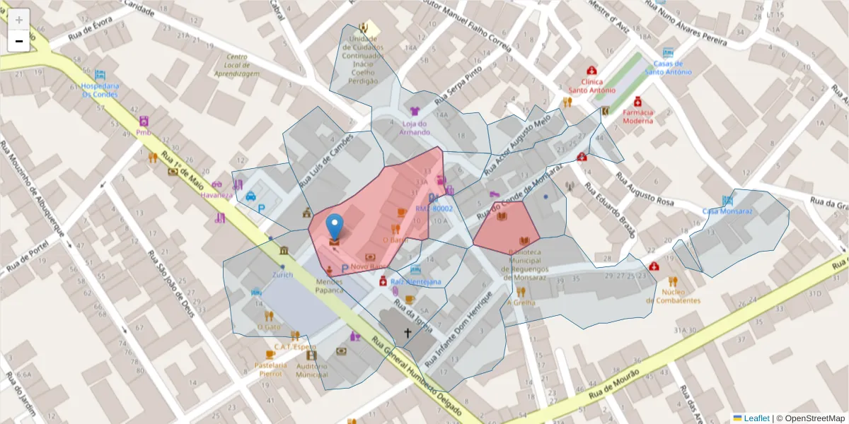 Mapa detalhado do código postal 7200-298 com limites, códigos postais vizinhos e agências dos correios