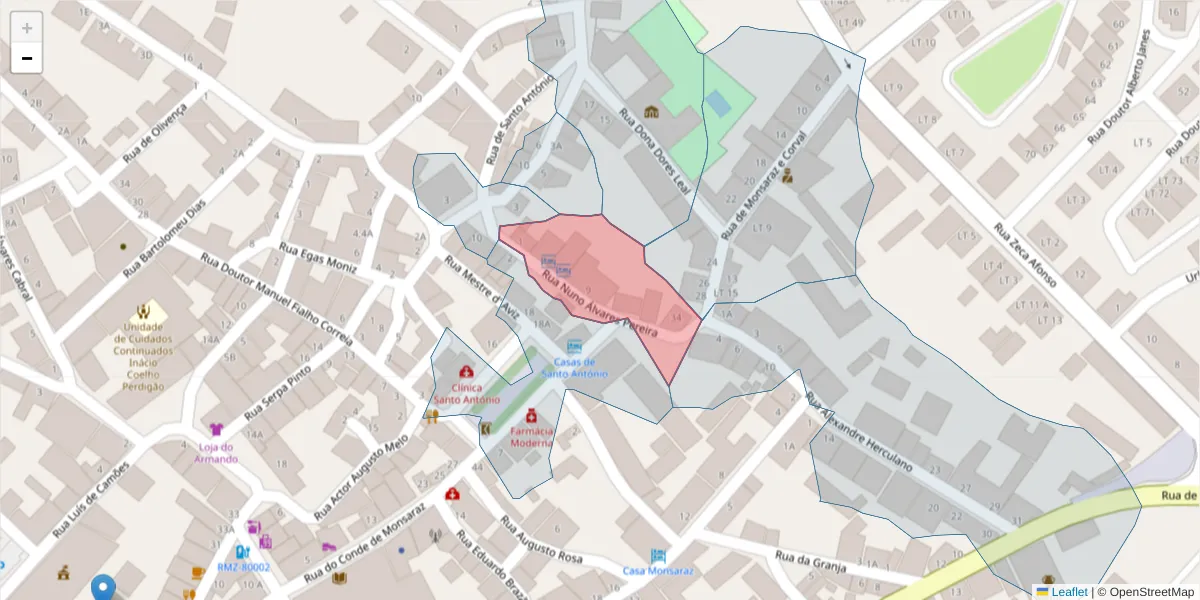 Mapa detalhado do código postal 7200-299 com limites, códigos postais vizinhos e agências dos correios