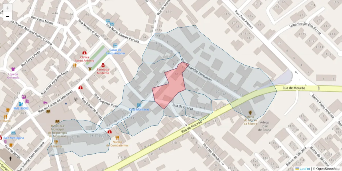 Mapa detalhado do código postal 7200-303 com limites, códigos postais vizinhos e agências dos correios
