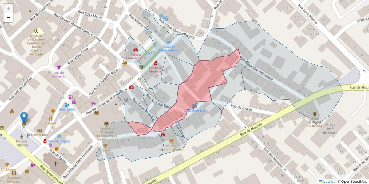 Mapa detalhado do código postal 7200-304 com limites, códigos postais vizinhos e agências dos correios