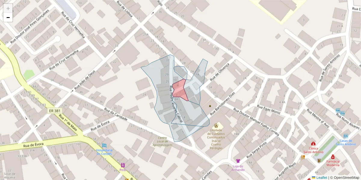 Mapa detalhado do código postal 7200-306 com limites, códigos postais vizinhos e agências dos correios