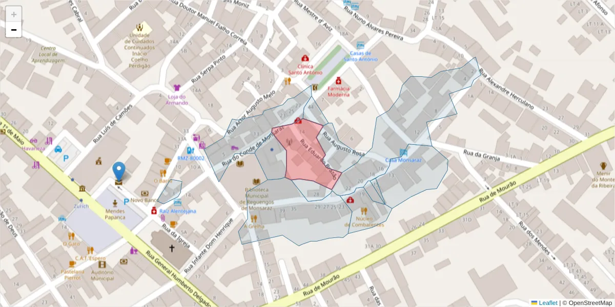 Mapa detalhado do código postal 7200-307 com limites, códigos postais vizinhos e agências dos correios
