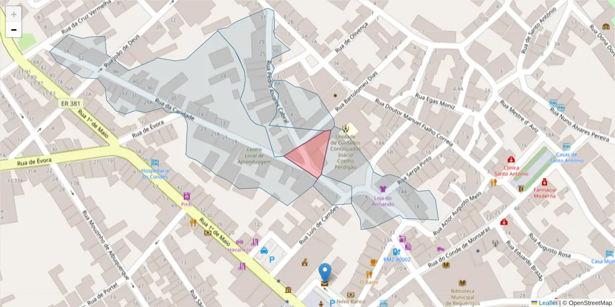 Mapa detalhado do código postal 7200-315 com limites, códigos postais vizinhos e agências dos correios