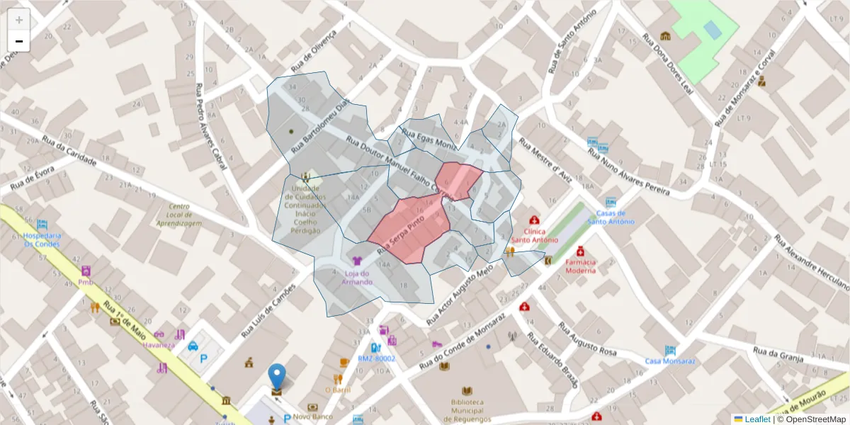 Mapa detalhado do código postal 7200-320 com limites, códigos postais vizinhos e agências dos correios