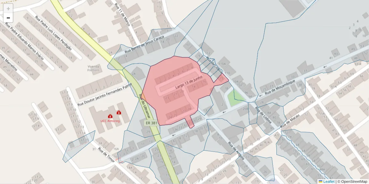 Mapa detalhado do código postal 7200-322 com limites, códigos postais vizinhos e agências dos correios