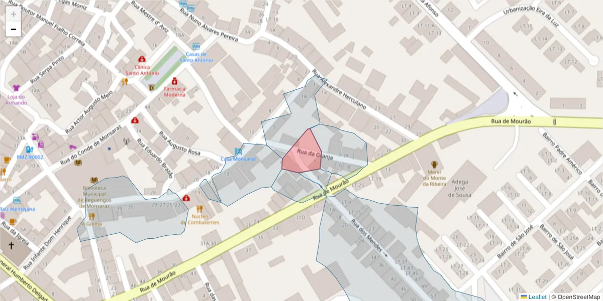 Mapa detalhado do código postal 7200-327 com limites, códigos postais vizinhos e agências dos correios