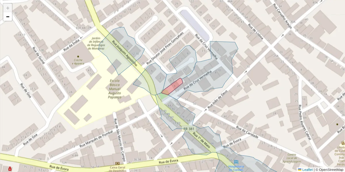 Mapa detalhado do código postal 7200-331 com limites, códigos postais vizinhos e agências dos correios