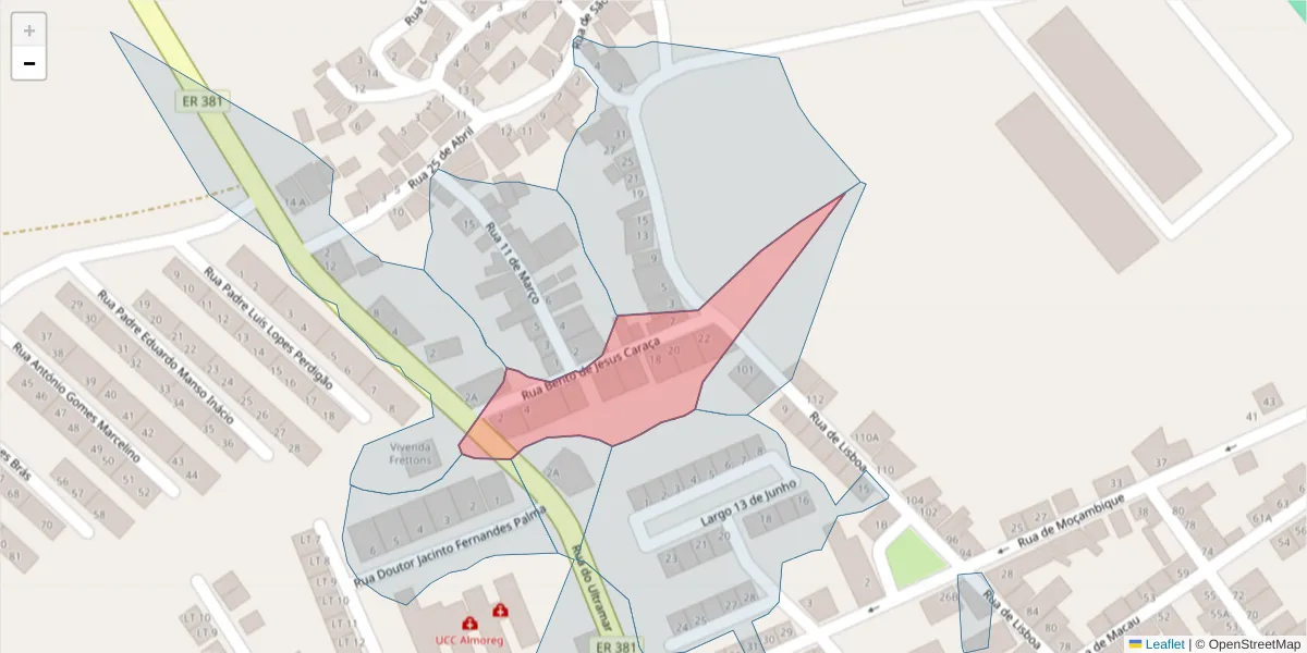 Mapa detalhado do código postal 7200-338 com limites, códigos postais vizinhos e agências dos correios
