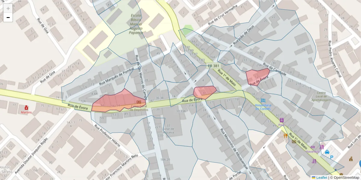 Mapa detalhado do código postal 7200-347 com limites, códigos postais vizinhos e agências dos correios