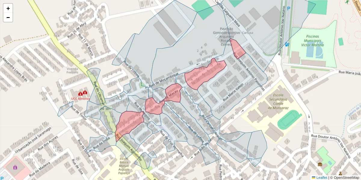 Mapa detalhado do código postal 7200-350 com limites, códigos postais vizinhos e agências dos correios