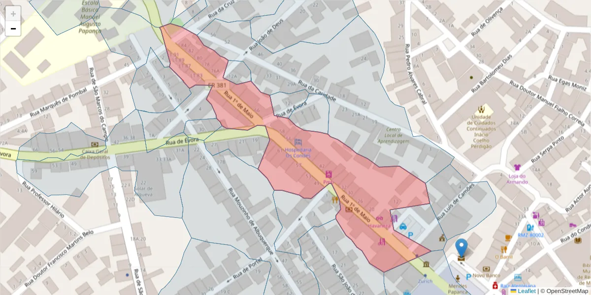 Mapa detalhado do código postal 7200-363 com limites, códigos postais vizinhos e agências dos correios