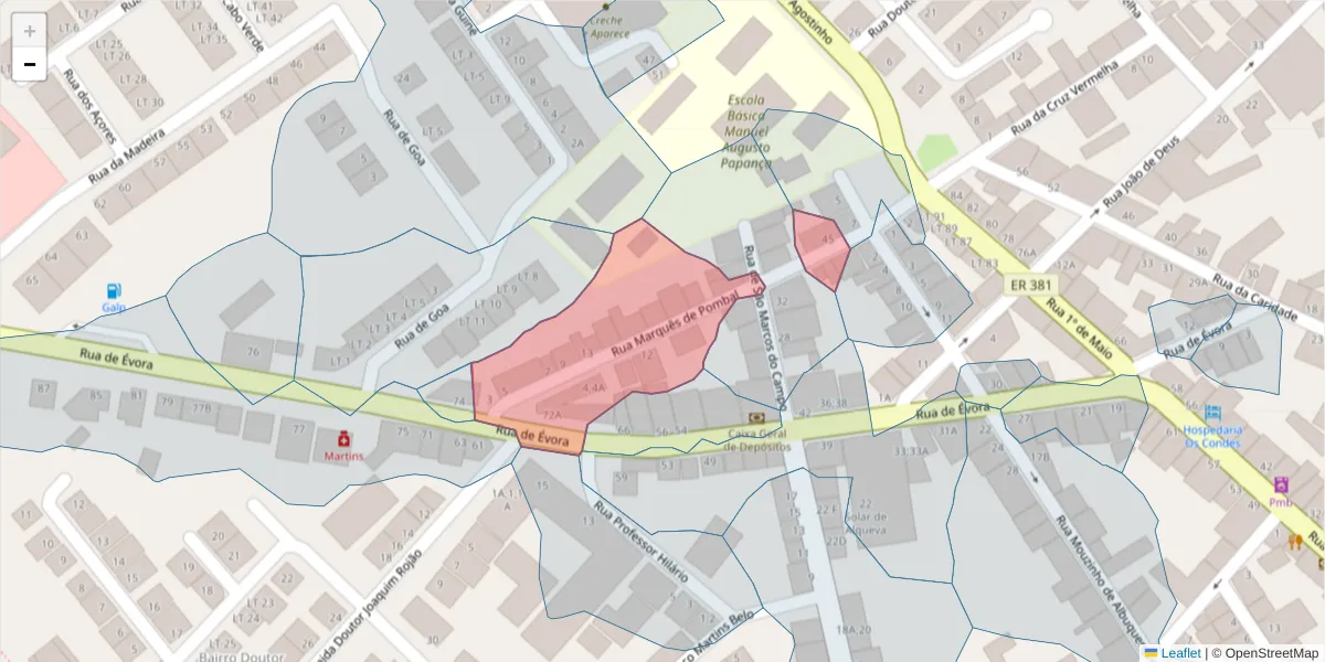 Mapa detalhado do código postal 7200-389 com limites, códigos postais vizinhos e agências dos correios