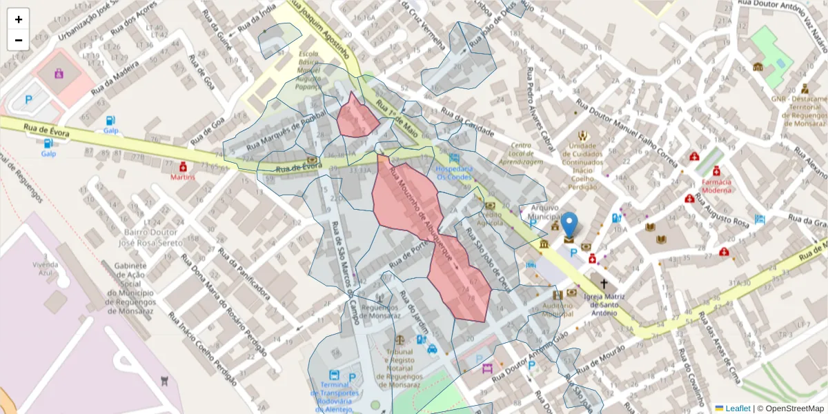 Mapa detalhado do código postal 7200-390 com limites, códigos postais vizinhos e agências dos correios