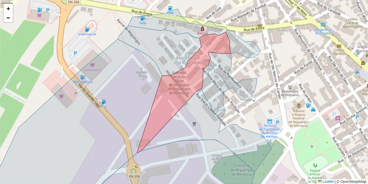 Mapa detalhado do código postal 7200-396 com limites, códigos postais vizinhos e agências dos correios