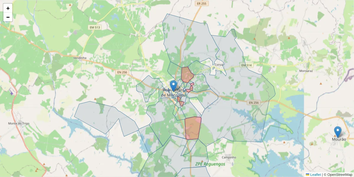 Mapa detalhado do código postal 7200-400 com limites, códigos postais vizinhos e agências dos correios