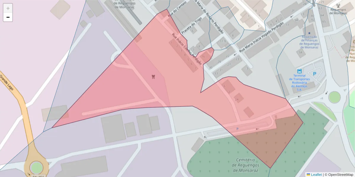 Mapa detalhado do código postal 7200-404 com limites, códigos postais vizinhos e agências dos correios