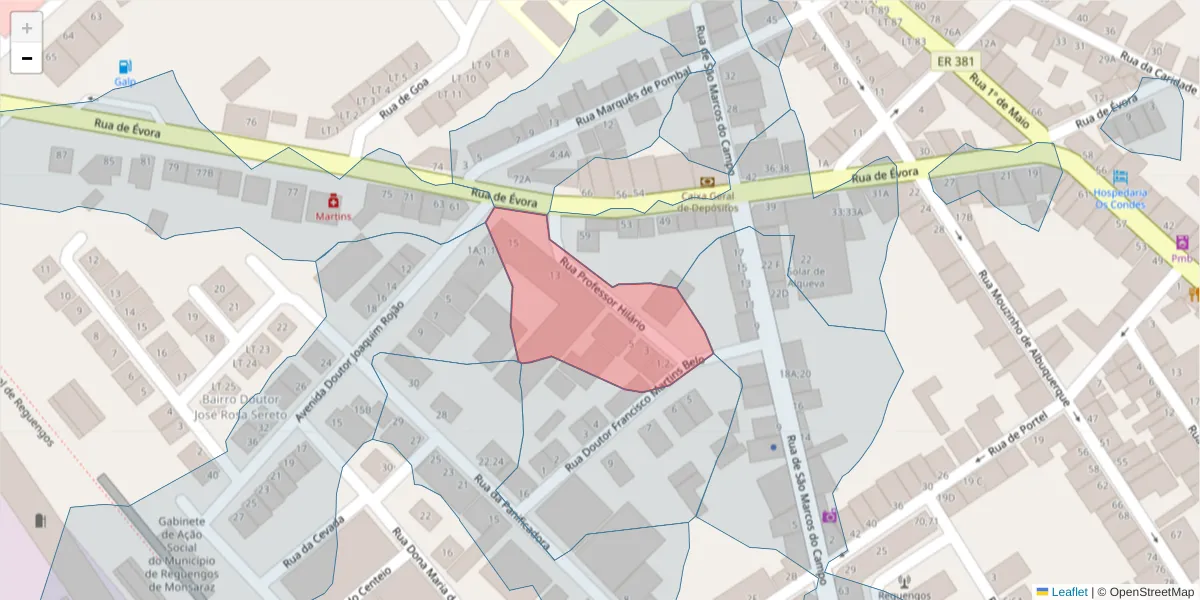 Mapa detalhado do código postal 7200-407 com limites, códigos postais vizinhos e agências dos correios