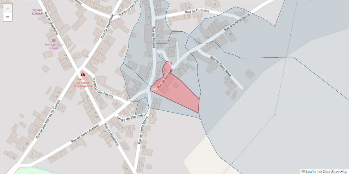 Mapa detalhado do código postal 7200-518 com limites, códigos postais vizinhos e agências dos correios