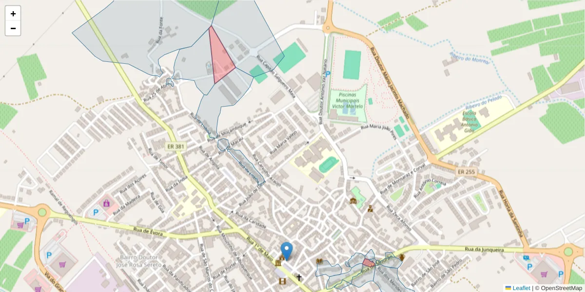 Mapa detalhado do código postal 7200-999 com limites, códigos postais vizinhos e agências dos correios