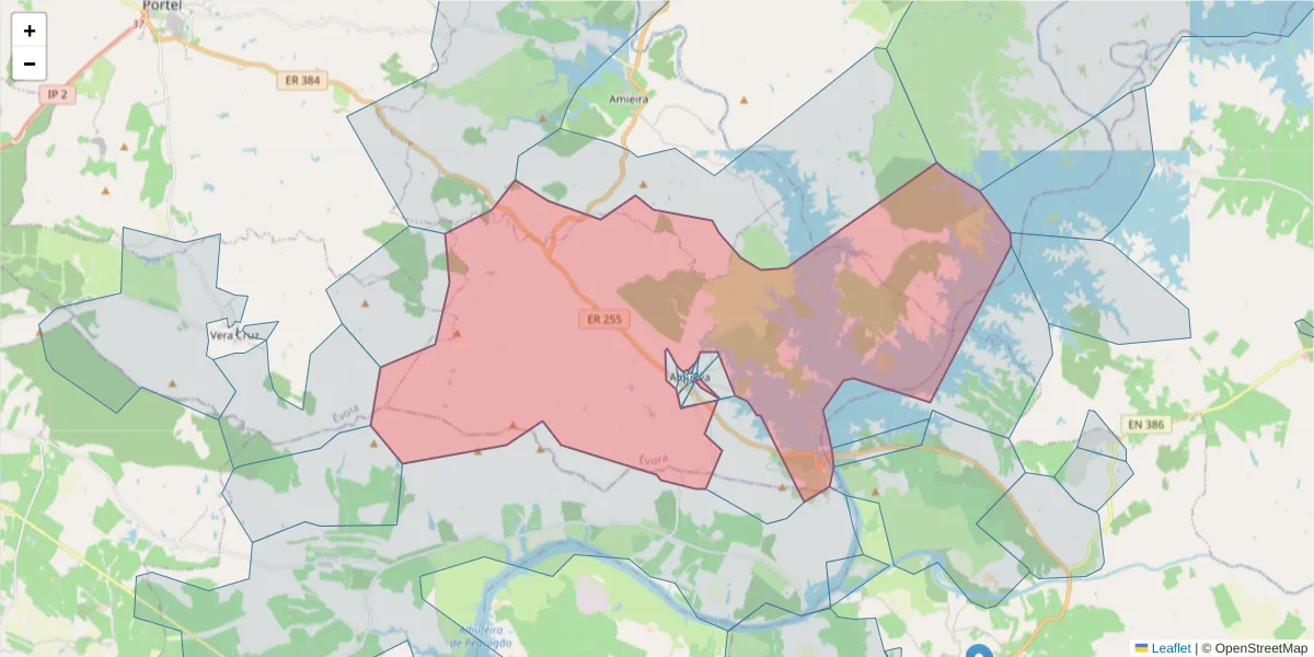 Mapa detalhado do código postal 7220-022 com limites, códigos postais vizinhos e agências dos correios